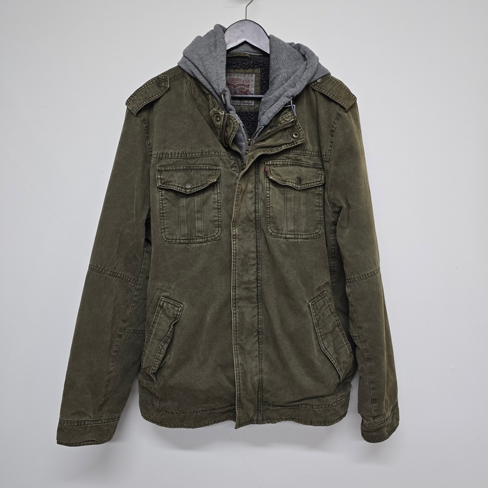 Levis Sherpa Lined Military Jacket Mens XL Green Cotton Hooded Utility Rugged